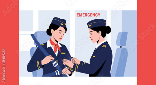 Air Hostesses Demonstrating Emergency Safety Procedures On Airplane Before Takeoff