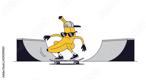 Cool Banana Character Riding Skateboard In Skate Park, Vector Illustration