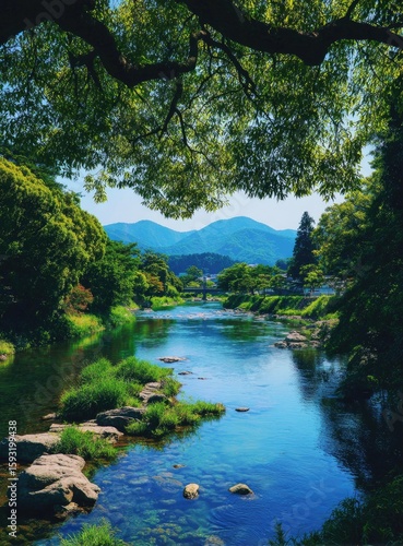 Serene river flowing through lush greenery