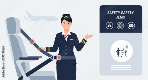 Air Travel Safety Demonstration By Flight Attendant Explaining The Emergency Procedures
