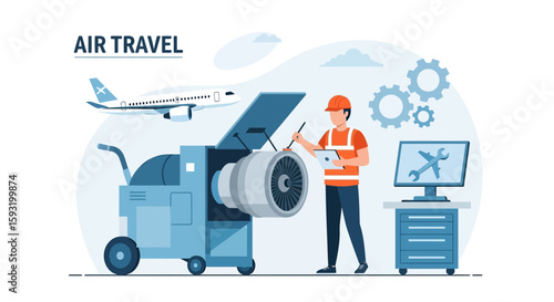 Aircraft Maintenance Technician Examining Jet Engine And Repairing Airplane With Tools