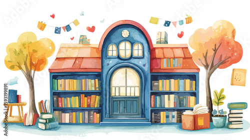 Whimsical Town Library Watercolor Illustration