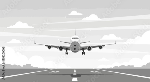 Airplane Approaching Landing Strip In Monochrome Color For Commercial Use