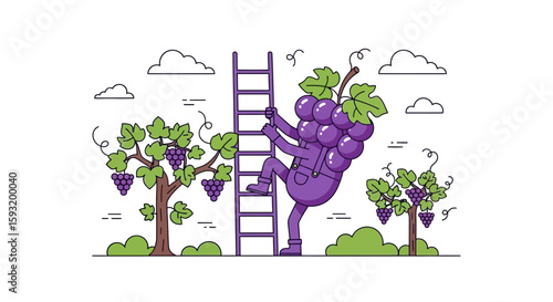Cartoon Grape Character Climbing Ladder To Harvest In Vineyard Illustration