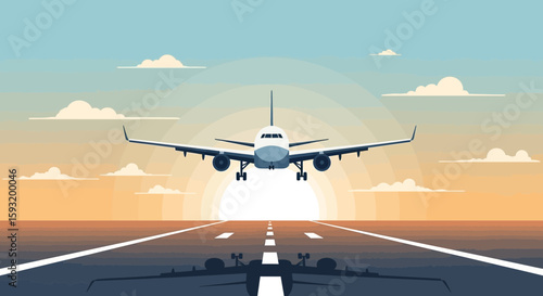 Airplane Approaching Runway At Sunset For Landing Graphic Design