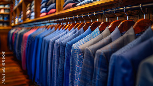 Wallpaper Mural Elegant collection of tailored suits hanging on wooden hangers in a stylish retail environment Torontodigital.ca