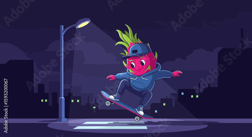 Cool Dragon Fruit Character Skating At Night In The City Cartoon Illustration