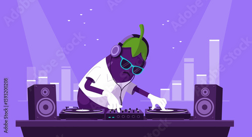Cool Eggplant Dj Mixing Music On Turntable Decks At Club Or Party