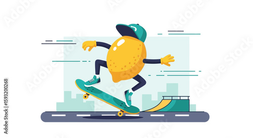 Cool Lemon Character Having Fun On a Skateboard at Skate Park