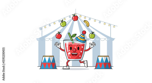 Cartoon Juice Glass Character Juggling Fruits At The Circus Tent Event