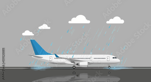 Airplane Standing In The Rain On Runway At Airport During Stormy Weather