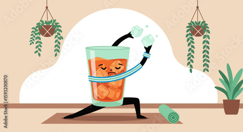 Cooling Down With Refreshing Drink In Warrior Pose During Relaxation Session