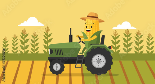 Corn Character Driving Tractor Cartoon Illustration In Agriculture Land Field