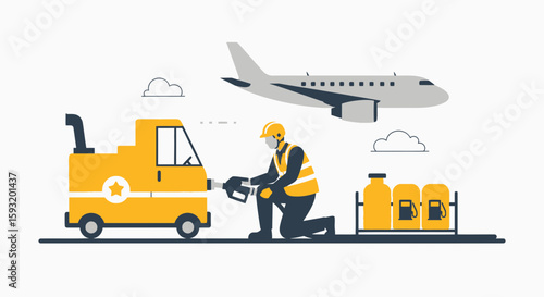 Airport Ground Crew Refueling Airplane Before Flight In Flat Vector Style