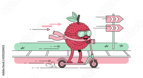 Cartoon Lychee Fruit Character Scooting Along City Street Having Fun Time