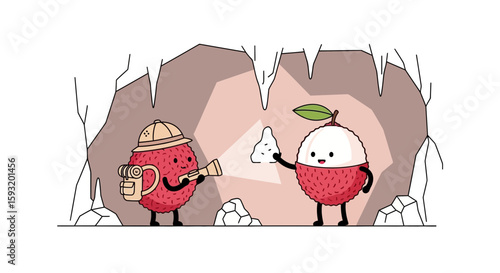 Cartoon Lychee Fruit Adventurers Exploring Cave With Flashlight And Stalactites