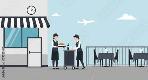Airport Restaurant With Waitresses Serving Food And Drinks To Waiting Customers