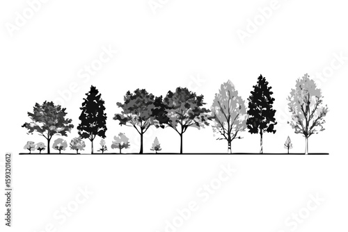 Diverse collection of stylized trees and shrubs in grayscale isolated on white background