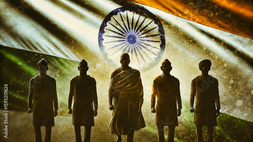 Indian freedom fighters stand proudly against the national flag
