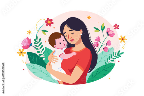 Loving mother tenderly holding her baby surrounded by blooming flowers and leaves isolated on white background