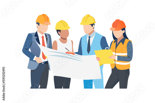 Diverse construction team collaborating on blueprints isolated on white background