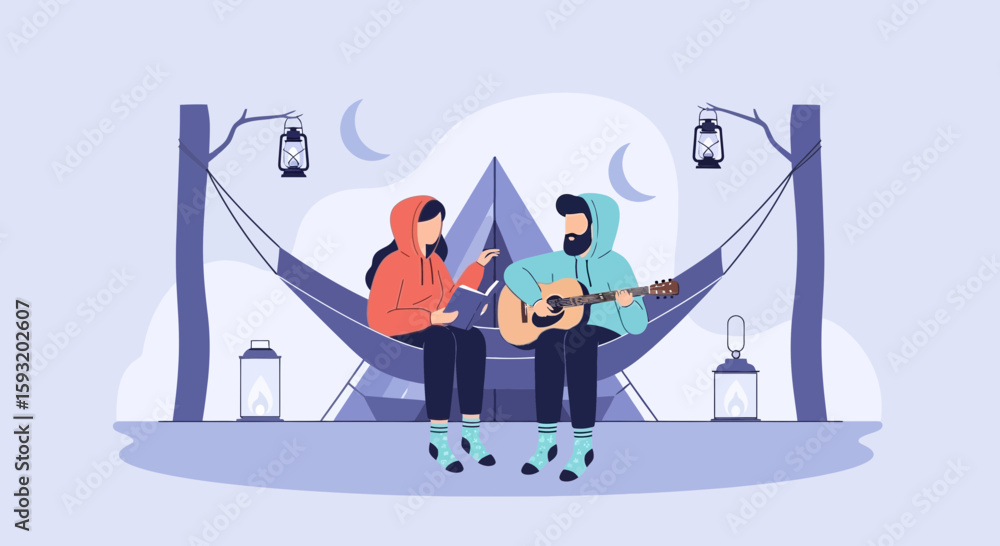 Obraz premium Couple Enjoying Music And Reading Under Moonlight During Camping Adventure
