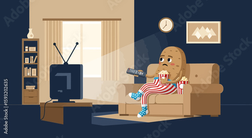 Cartoon Potato Is Relaxing On The Couch Watching Tv Eating Popcorn At Night