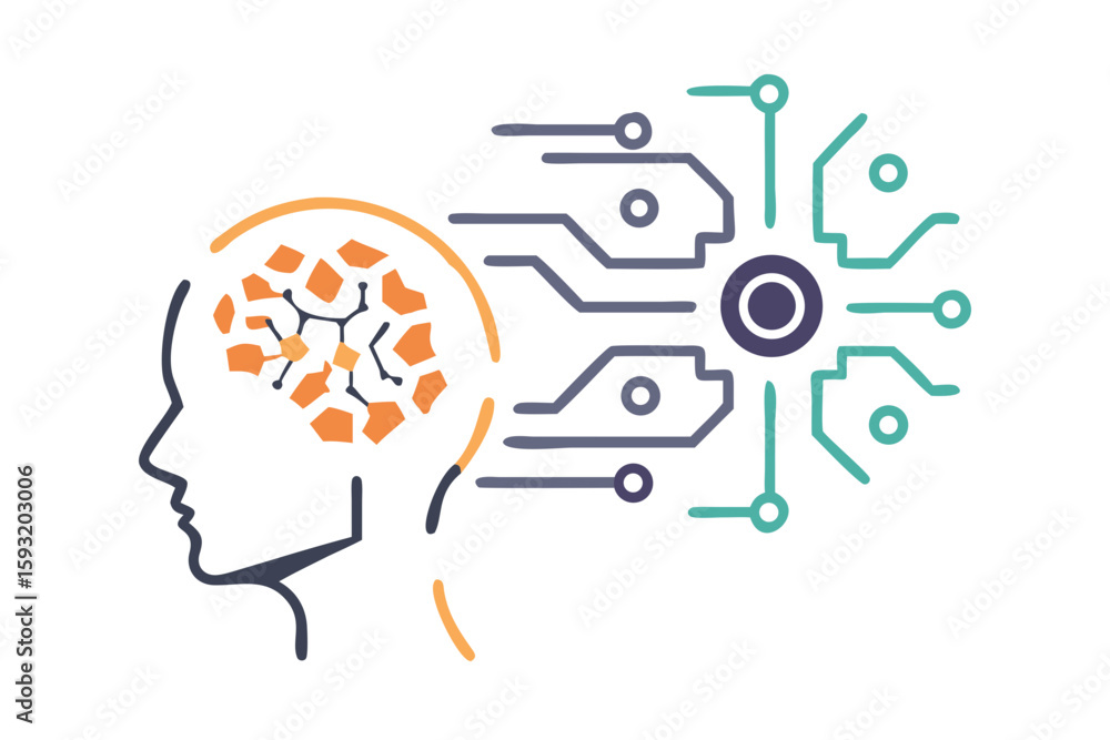 Fototapeta premium Abstract human head with digital brain and circuitry connections isolated on white background