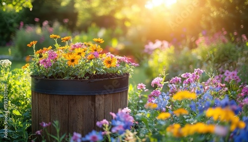 A serene backyard compost bin surrounded by flowers and sunlight, emphasizing natures recycling process
