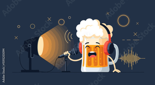 Animated Beer Mug Singing Into Microphone Under Spotlight Cartoon Illustration