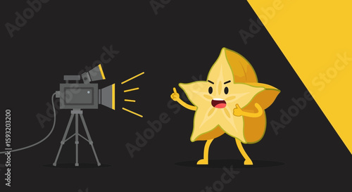 Cartoon Star Fruit Character Filming Directing In The Studio Or On The Set