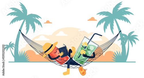 Cartoon Summer Vacation With Relaxing Characters In Hammock By The Sea