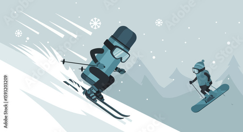 Cartoon Thermos Bottle Skiing Downhill With Snowboarder In A Winter Landscape