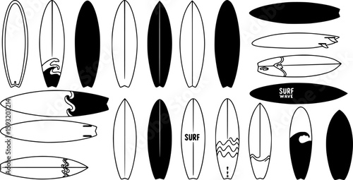 Surfboard vector set, surfing silhouettes, surfboard silhouettes, ords	