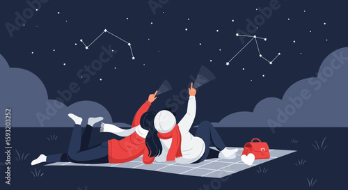 Couple Observing Constellations Under The Night Sky Romantic Adventure