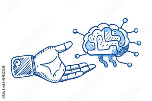 Hand offering a stylized robotic brain with connections isolated on white background