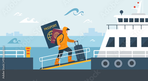Cartoon Traveler Embarking on Cruise Ship With Passport and Luggage