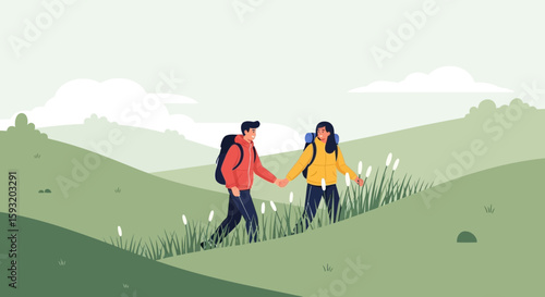 Couple On An Adventure Trekking Through Green Hills With Backpacks Together