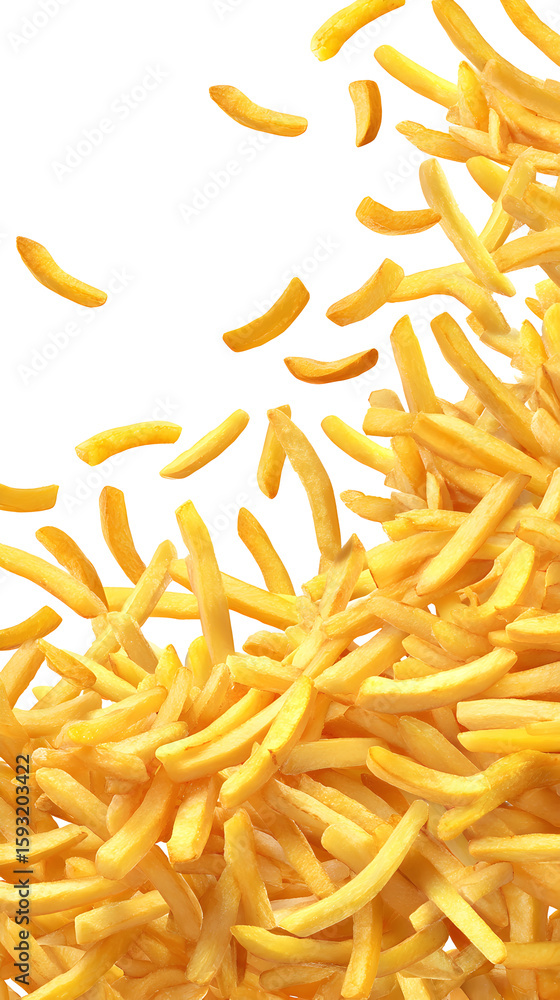 Obraz premium French fries background. Fast food banner. Flying French isolated on a white background