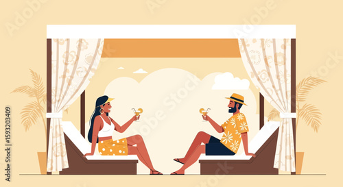 Couple Relaxing At A Tropical Resort Lounging And Enjoying Drinks Together