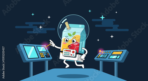 Animated Juice Box Astronaut Exploring Galaxy Control Room Illustration