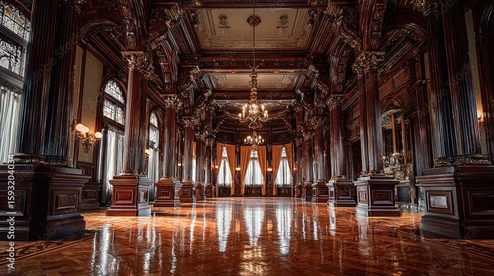 Fototapeta premium Boutique-style office workspace with moody lighting, velvet upholstery, gold-framed art, and rich textures captured in a wide-angle interior design shot.