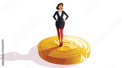 Professional Businesswoman Standing on Giant Gold Coin