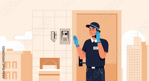 Courier Confirms Delivery Address By Phone In Cityscape Background Illustration