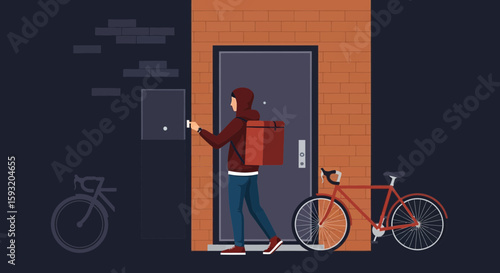 Courier Delivering Food By Bicycle Ringing Doorbell For Contactless Order Outdoors