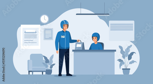 Courier Delivering Package to Receptionist in Office Environment With Plants