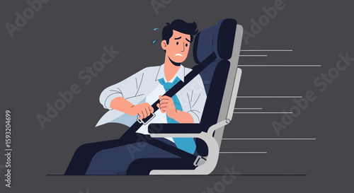 Anxious Man Fastening Seatbelt Feeling Unsafe On Airplane Safety Measures