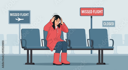 Anxious Woman Sitting After Missed Flight At Airport Waiting Area