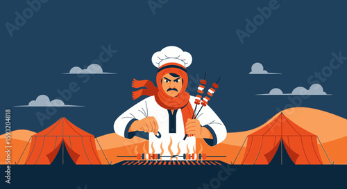 Arabian Chef Prepares Kabobs Near Desert Camp Under Cloudy Sky Backdrop