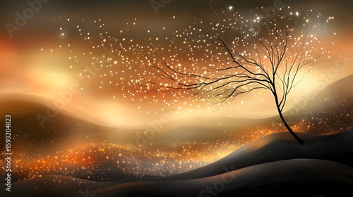Glowing Winter Tree Landscape Golden Hills Night